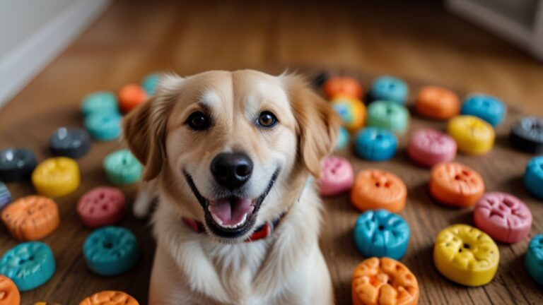 Default dog sitting on a pile of treats and toys