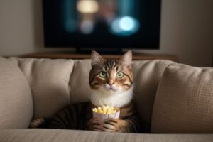 chat regarde tv popcorn